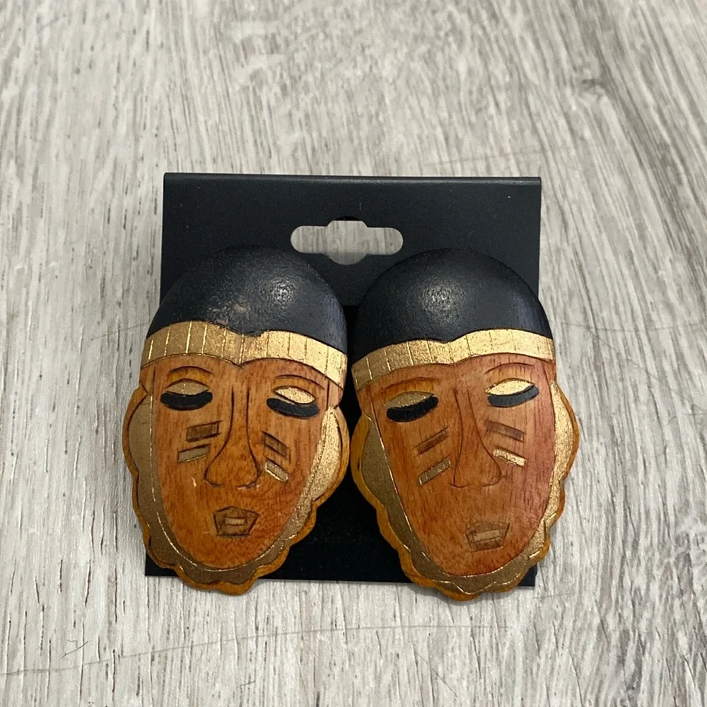 Wooden African Mask Earrings
